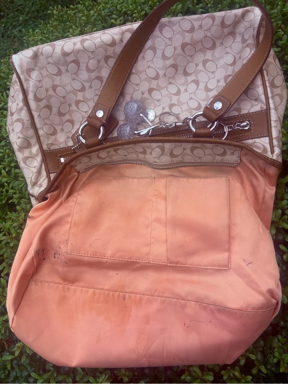 Coach Beige Signature Canvas Shoulder Bag with Brown Trim